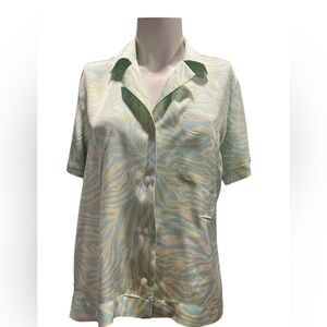 Pistola Kimmy short-sleeve satin button-down shirt in the "Aqua & Neon  print